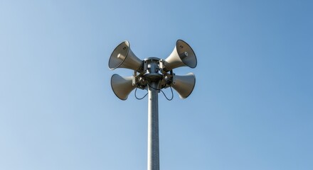 Tsunami siren system against clear blue sky. Tsunami siren provides emergency warning and safety to coastal regions and populations. System tsunami siren ensures readiness for natural disasters.