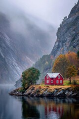 Fototapeta premium Colorful red house sits on the edge of a calm fjord surrounded by misty mountains and autumn trees in Norway during a foggy day