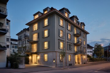 Fototapeta premium Brightly lit building facade in an urban setting during twilight hours, showcasing architectural details and a welcoming atmosphere near a peaceful street