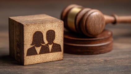 A wooden block with two stylized figures, symbolizing a legal matter, rests beside a gavel on a dark wooden surface.