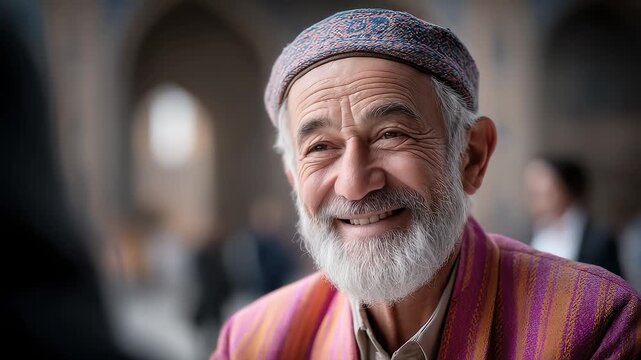 Central Asian Elder Smiling Showcasing Traditional Clothing Culture