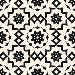 Vector seamless pattern with oriental geometric floral stars. Ethnic monochrome texture with traditional arabesque tiles, diamond shapes. Black and white background. Repeated design for print, decor