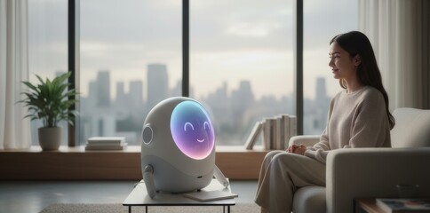 Person sitting alone in a modern room. They are looking at a small, AI-powered robot companion that has a simple, empathetic-looking face with a soft, glowing light.robot is looking back at the person