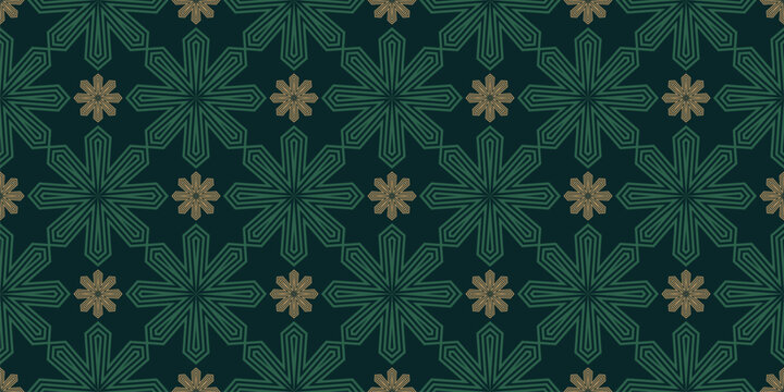 Fototapeta Vector seamless pattern with geometric snowflakes. Modern christmas luxury background texture with floral flower ornament design. Green elegant repeated wallpaper for textile, decor, print, cover