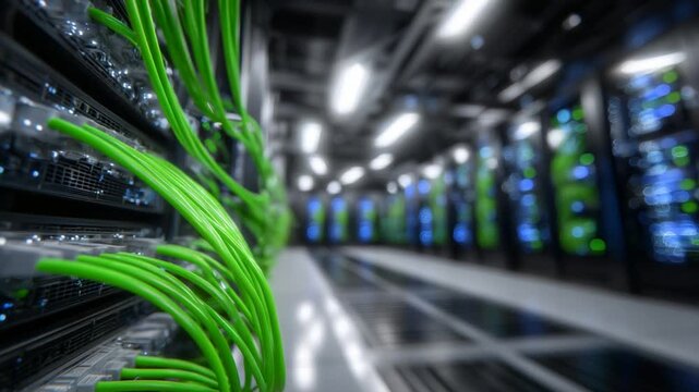 Explore a modern data center with sleek black server racks, vibrant green cables, and soft lighting highlighting advanced technology.