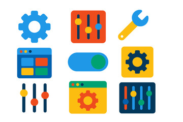 Colorful Settings Icons. Flat vector icons of general settings elements: gear icon, sliders panel, wrench tool, settings dashboard