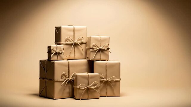 Elegant Stacked Gift Boxes Wrapped In Brown Paper With Natural Twine And Soft Illuminating Background For Holiday Celebrations