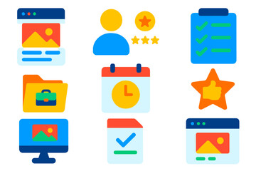 Freelance Portfolio Icons. Flat vector icons of freelancer portfolios: gig portfolio screen, profile with rating icon, task
