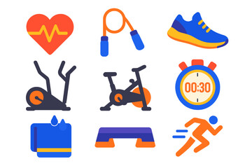Cardio Workout Icons. Flat vector icons of cardio training: heart pulse icon, jump rope, running shoes, elliptical machine,