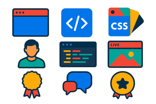 Web Development Icons. Flat vector icons of web development courses: browser window, HTML tag icon, CSS palette, JavaScript logo,