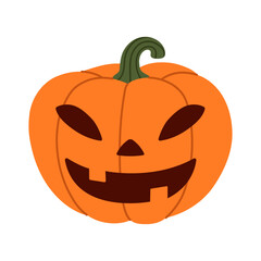Orange pumpkin with carved face, pointed eyes and wide grin. Fun and traditional jack-o’-lantern symbol for Halloween celebrations. Flat vector fall illustration. Isolated background. Hand-drawn.