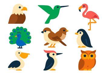 Fototapeta premium Vibrant Bird Icons. Flat vector icons of birds: eagle, hummingbird, flamingo, peacock, sparrow, pelican, woodpecker, penguin, owl