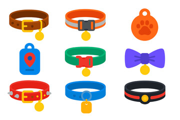 Pet Collar Icons. Flat vector icons of pet collars and tags: leather collar, reflective collar, pet tag, GPS tracker, breakaway