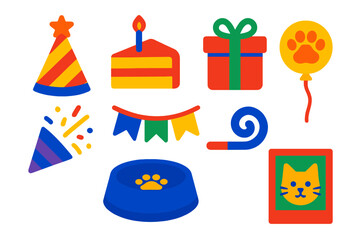 Pet Party Icons. Flat vector icons of pet birthday party: party hat, cake slice, gift box, paw balloon, confetti popper, banner,