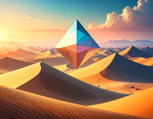 Colorful diamond-shaped object in a desert landscape at sunrise