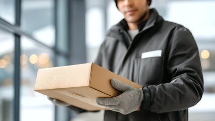 Worker checking packages in snowy warehouse creased cardboard box nicked tape dispenser. Curled receipt in pocket frayed glove on scarred crate. Snow outside radio static. Phot - Powered by Adobe