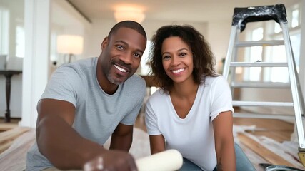 A couple their faces beaming renovates a room one painting with a roller its handle worn while the other sands wood its grain rough. A metal ladder its rungs scuffed stands - Powered by Adobe