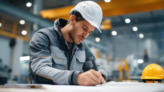 A construction foreman marks a factory blueprint at a site with workers welding a blueprint spread on a table a hard hat nearby and machinery humming captured in a gritty phot