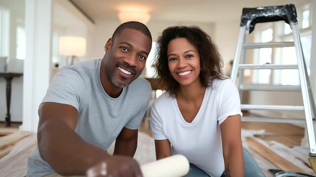 A couple their faces beaming renovates a room one painting with a roller its handle worn while the other sands wood its grain rough. A metal ladder its rungs scuffed stands