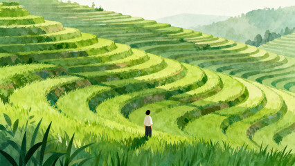 Cartoon - Style Green Terraced Rice Fields © xiufeng