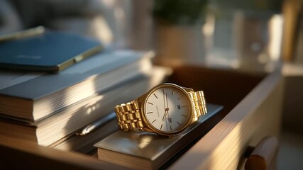 A freshman picks a watch from a drawer in a bedroom with alarms ringing books stacked and a sunrise glowing outside captured in a timely photo with metal ticks page piles and