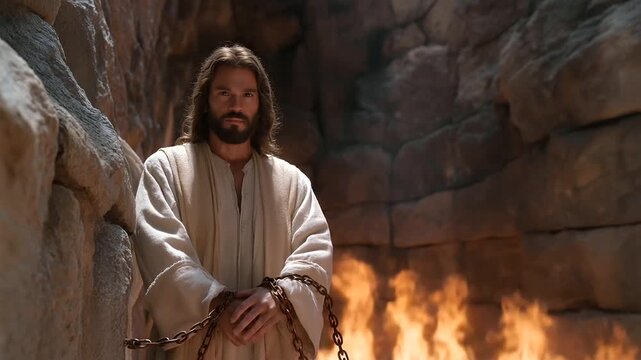 A man his hands bound stands in a fiery furnace flames licking at his robe. Iron chains lie broken at his feet their links rusted. A stone wall looms its surface scorched.