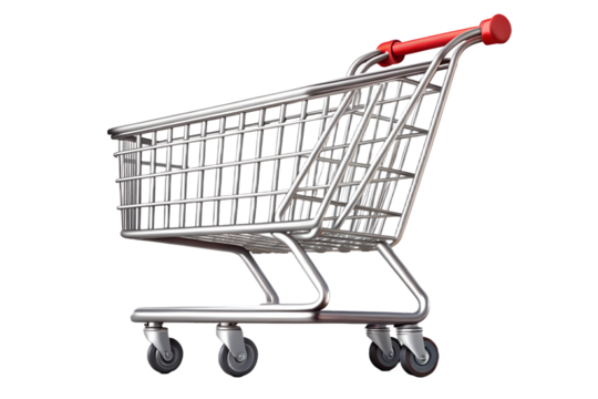 Empty metal shopping cart angled view isolated on transparent background