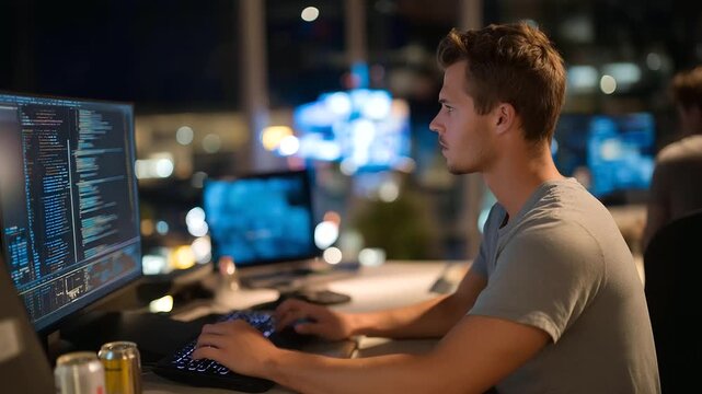 A tech intern debugs code in a sleek startup&rsquo;s tech hub with multiple monitors displaying lines of code empty energy drink cans littering the desk neon lit keyboards and