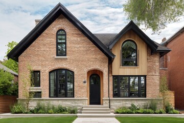 Beautiful modern brick home with large windows and unique architecture located in a serene neighborhood surrounded by lush greenery during a clear sunny day