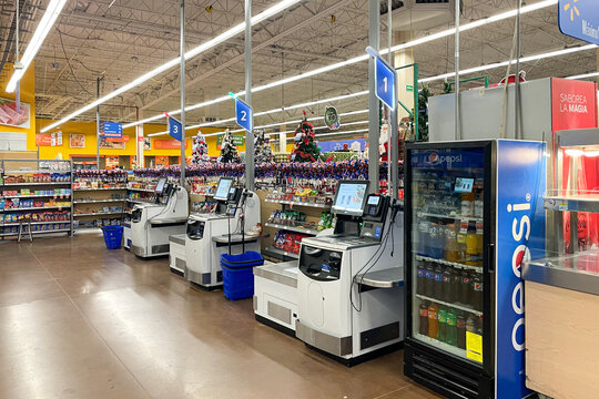 Walmart self checkout area, Self service machine. walmart, chedraui, comercial mexicana, superama, City Market, costco, sams, Guadalajara, Jalisco, Mexico - March 21, 2024.