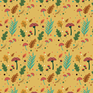 Seamless pattern with mushrooms and forest leaves on yellow background
