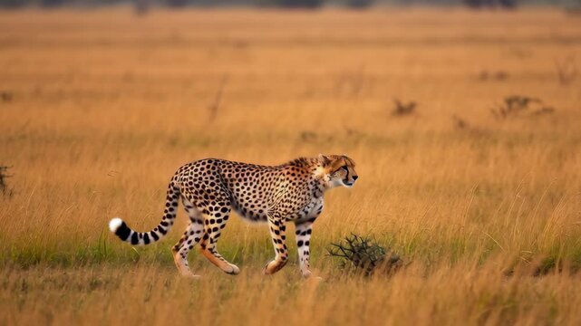 Elegant cheetah prowls through tall golden savanna grass, a dynamic wildlife video showcasing nature's beauty and the wild animal's natural habitat