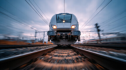 Naklejka premium Train approaching on railway tracks during twilight with blurred background and dynamic motion effects emphasizing speed and intensity of transportation scene.