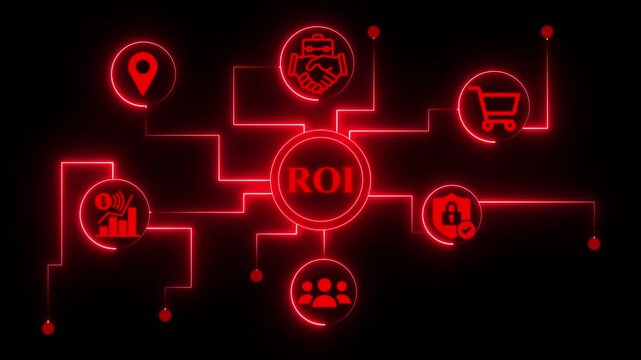 ROI Return on investment financial growth,Roi concept with glowing neon icons on black background return on investment, business, finance, and marketing strategy increase profits and maximize returns