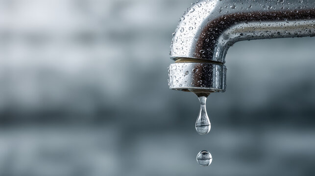 Shiny metal faucet with water droplets hanging from the spout against a blurred background, illustrating water conservation and plumbing maintenance practices.
