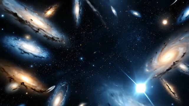 Bright spiral galaxy in universe with cosmic moon and stars, deep space journey, astronomy knowledge footage