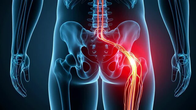 Sciatica pain relief animation showcasing inflamed nerve anatomy for medical education and health awareness campaigns with dynamic visual appeal