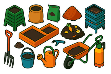 Garden Tools & Materials. Isometric vector illustration set Soil and Compost: compost bin, soil sack, fertilizer bag, mulch pile,