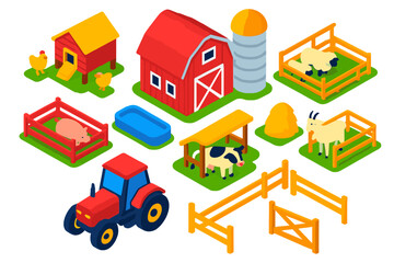 Obraz premium Colorful Barnyard Icons. Isometric vector illustration set Barnyard Setup: barn, silo, chicken coop, pigsty, sheep pen, cow shed,