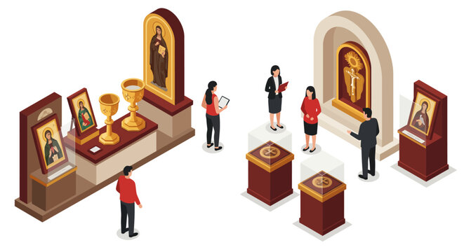 Isometric art gallery scene with religious statues and visitors