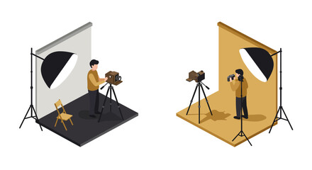 Isometric photography setup with vintage cameras and backdrops