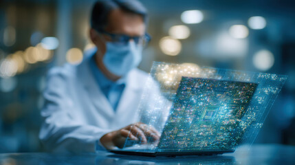 Futuristic cleanroom lab with human scientist working laptop displaying advanced technology and digital interface. atmosphere is innovative and high tech, showcasing blend of science