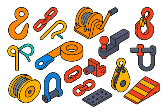 Vehicle Recovery Tools. Isometric vector illustration set Vehicle recovery tools: Tow hook, Steel chain, Winch mechanism, Hook