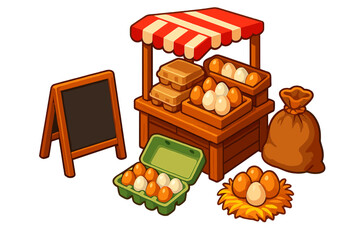 Egg Market Display. Isometric vector illustration set Egg Market Stand: cartons on wooden shelf, sign-free chalkboard, display of
