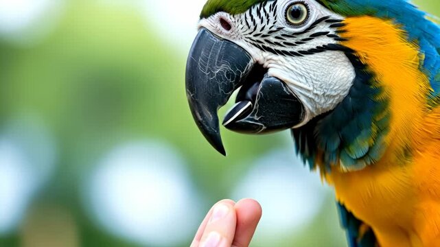 Caucasian human hand feeding a blue and yellow macaw parrot a sunflower seed against a blurred green background, close up footage.