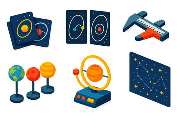 Planet Orbit Diagrams. Isometric vector illustration set Educational Orbit Kit: simplified orbit cards, elliptical path diagrams,