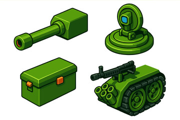 Tank Close-Up Details. Isometric vector illustration set Tank Close-Up Details: view of cannon mount, hatch with periscope, turret