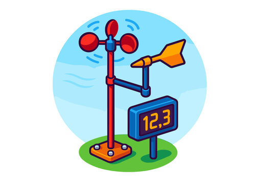 Weather Station Illustration. Isometric vector illustration set Wind Speed Measurement Station: anemometer atop weather pole