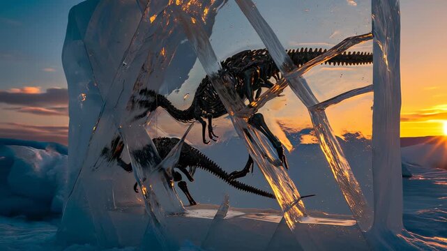 Unique closeup of two dinosaur skeletons encased in ice during a stunning sunset