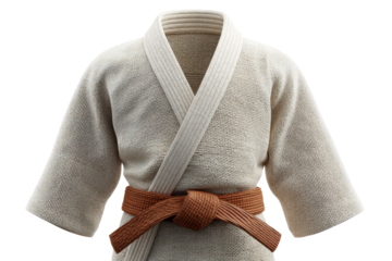 Empty judo gi with brown belt on black background, cut out